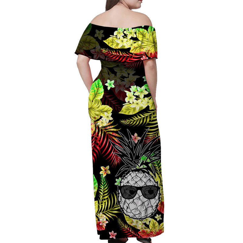 Hawaii Summer Colorful Off Shoulder Long Dress Pineapple Reggage