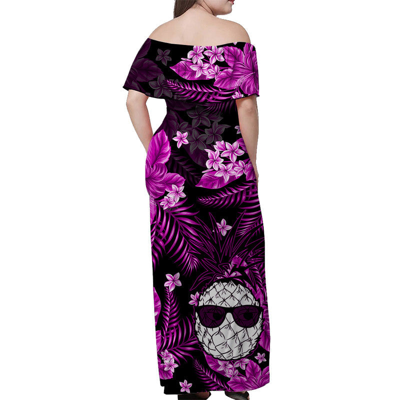 Hawaii Summer Colorful Off Shoulder Long Dress Pineapple Purple