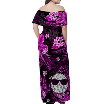 Hawaii Summer Colorful Off Shoulder Long Dress Pineapple Purple