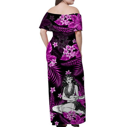 Hawaii Summer Colorful Off Shoulder Long Dress Hula Girl Purple
