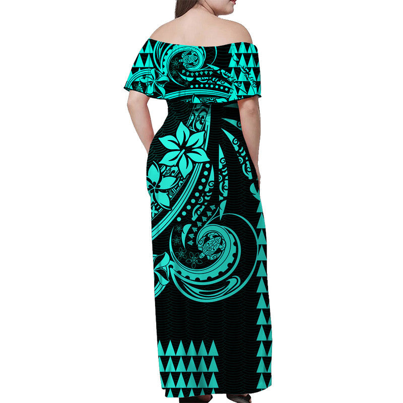 Kakau Hawaiian Polynesian Off Shoulder Long Dress Turquoise Green