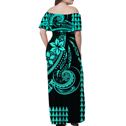 Kakau Hawaiian Polynesian Off Shoulder Long Dress Turquoise Green