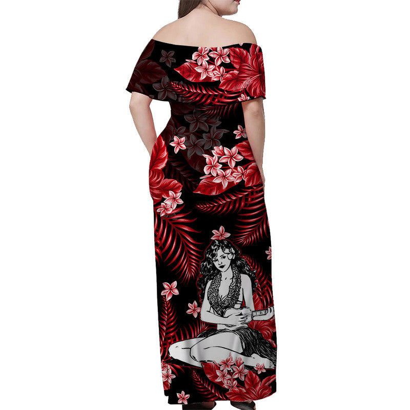 Hawaii Summer Colorful Off Shoulder Long Dress Hula Girl Red