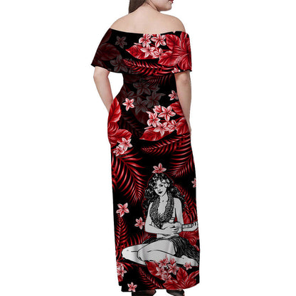 Hawaii Summer Colorful Off Shoulder Long Dress Hula Girl Red