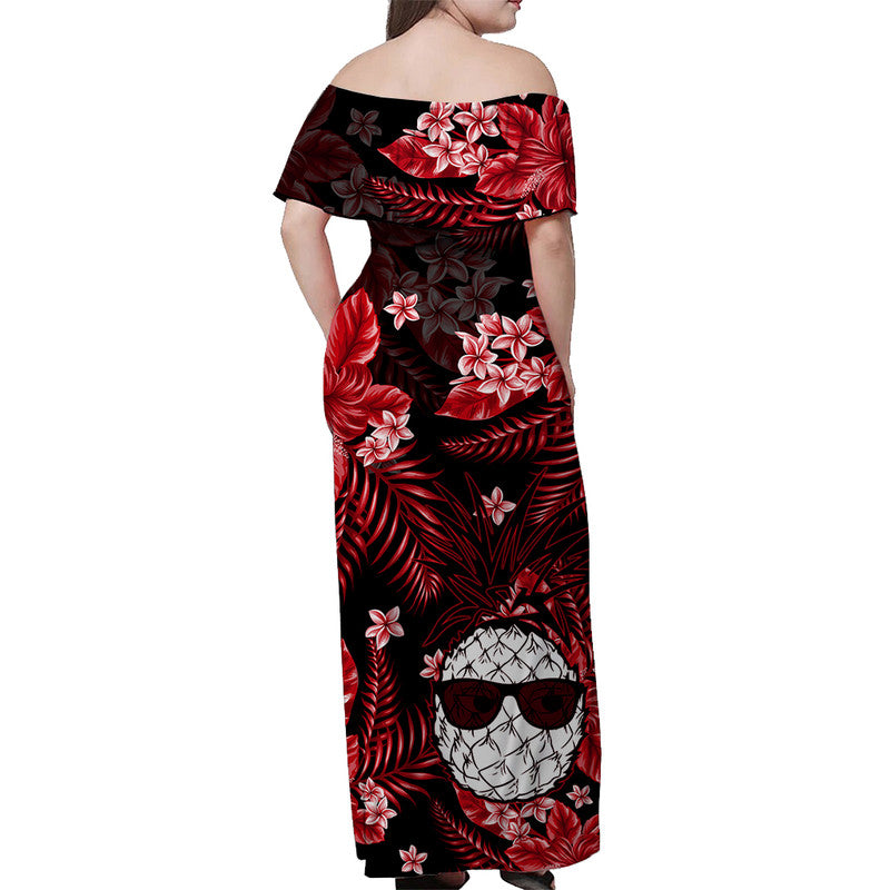 Hawaii Summer Colorful Off Shoulder Long Dress Pineapple Red