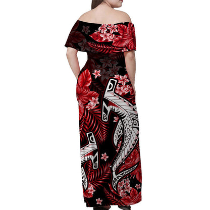 Hawaii Summer Colorful Off Shoulder Long Dress Shark Red