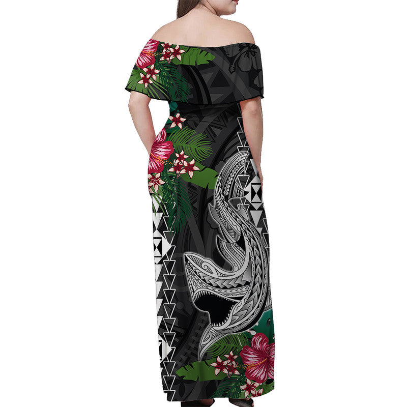 Hawaii Kakau Off Shoulder Long Dress Mix Sharks Polynesian Hibiscus