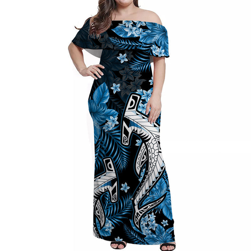 Hawaii Summer Colorful Off Shoulder Long Dress Shark Light Blue