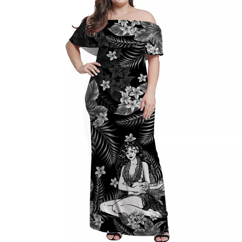Hawaii Summer Colorful Off Shoulder Long Dress Hula Girl Gray