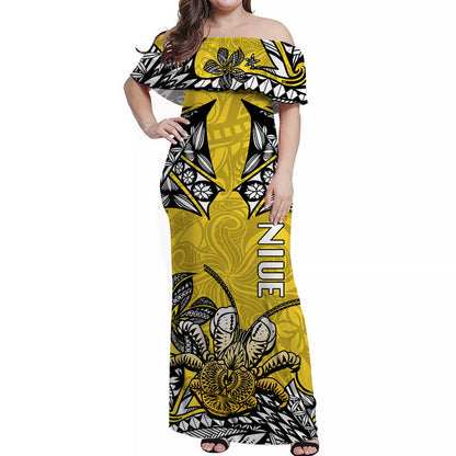 Niue Uga Off Shoulder Long Dress Tribal Patterns Yellow Style