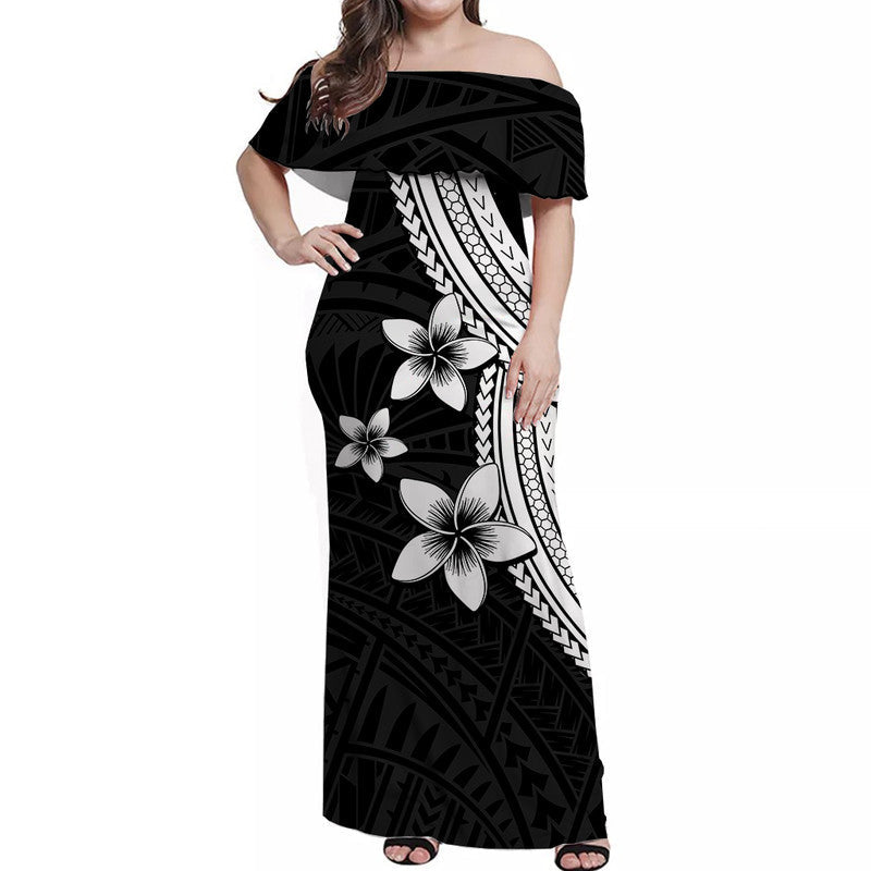 Polynesian Off Shoulder Long Dress With Plumeria Flower White