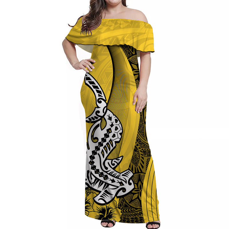 Hawaiian Shark Polynesian Off Shoulder Long Dress Vibe Yellow Style