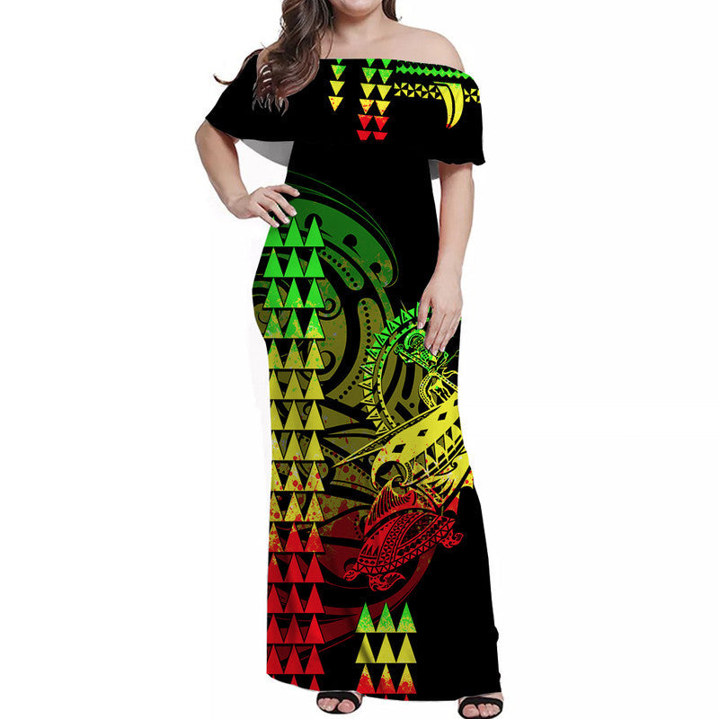 Hawaii Polynesian Warrior Kakau Off Shoulder Long Dress Reggage