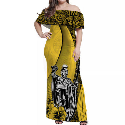 Hawaiian King Kamehameha Off Shoulder Long Dress Vibe Yellow Style