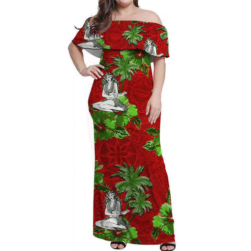 Off Shoulder Long Dress Hawaii Summer Hula Girl No.8