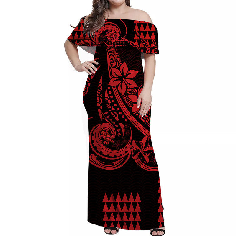Kakau Hawaiian Polynesian Off Shoulder Long Dress Red