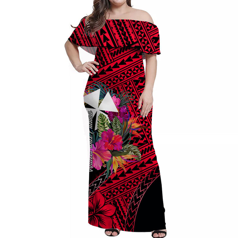 Wallis and Futuna Off Shoulder Long Dress Hibiscus Red No.1 Color
