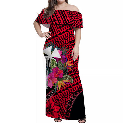 Wallis and Futuna Off Shoulder Long Dress Hibiscus Red No.1 Color