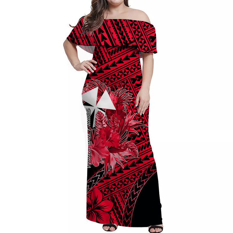 Wallis and Futuna Off Shoulder Long Dress Hibiscus Red No.2 Color