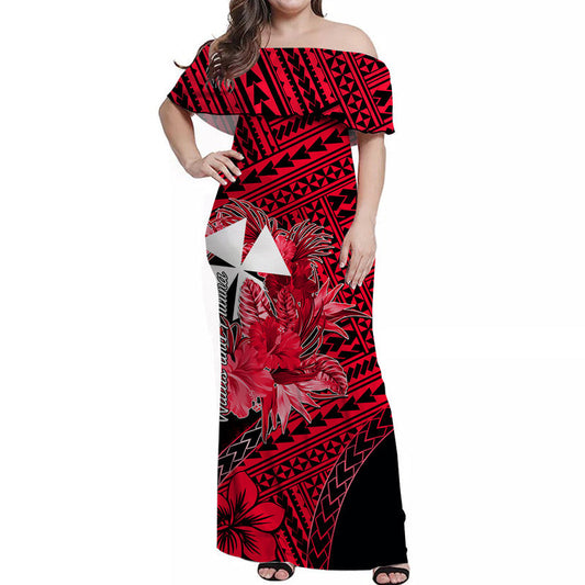 Wallis and Futuna Off Shoulder Long Dress Hibiscus Red No.2 Color