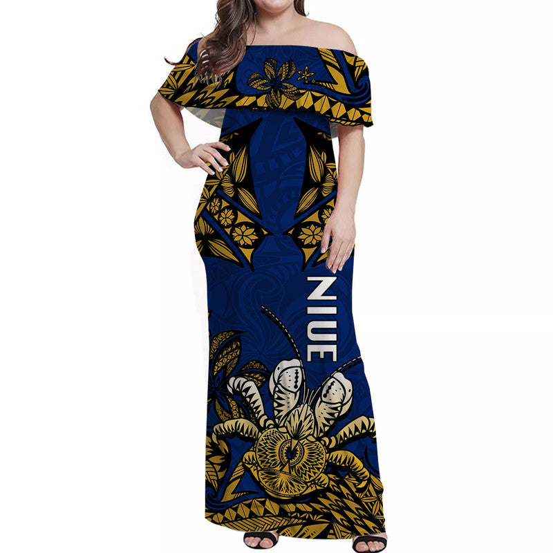 Niue Uga Off Shoulder Long Dress Tribal Patterns Blue Style