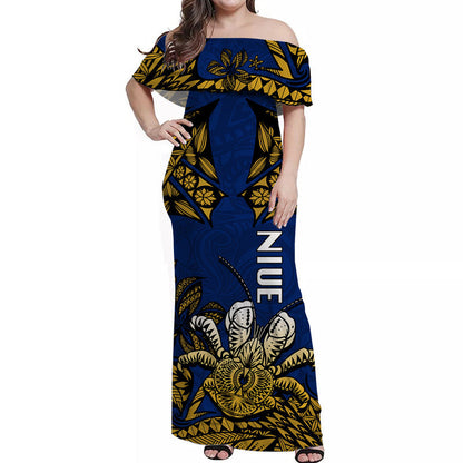 Niue Uga Off Shoulder Long Dress Tribal Patterns Blue Style