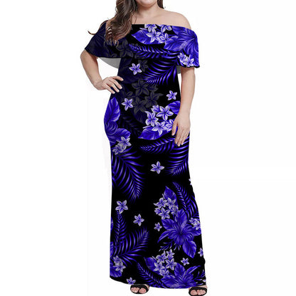 Hawaii Summer Colorful Off Shoulder Long Dress Dark Blue