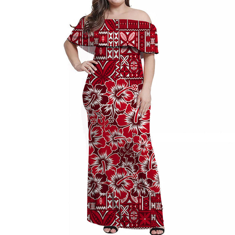 Fiji Hibiscus Festival Off Shoulder Long Dress Red