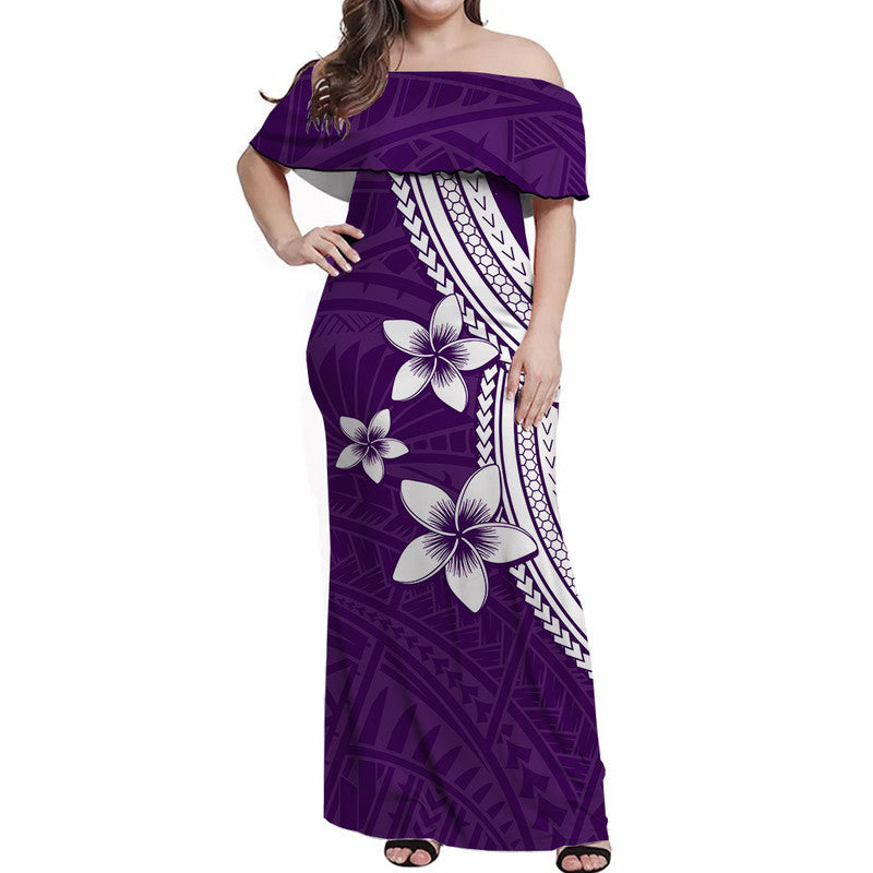 Polynesian Off Shoulder Long Dress With Plumeria Flower Purple