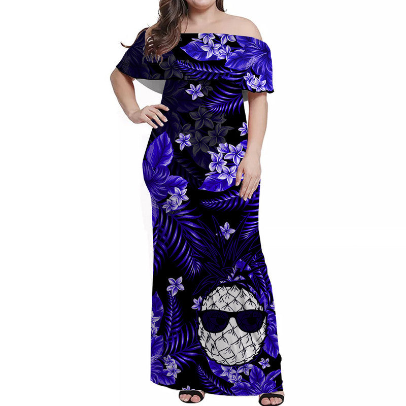 Hawaii Summer Colorful Off Shoulder Long Dress Pineapple Dark Blue
