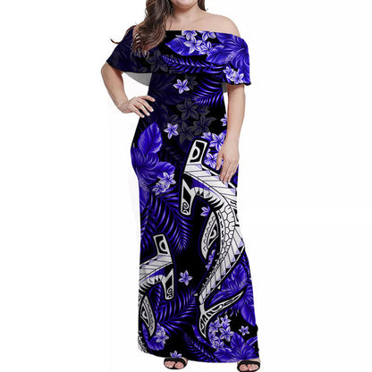 Hawaii Summer Colorful Off Shoulder Long Dress Shark Dark Blue