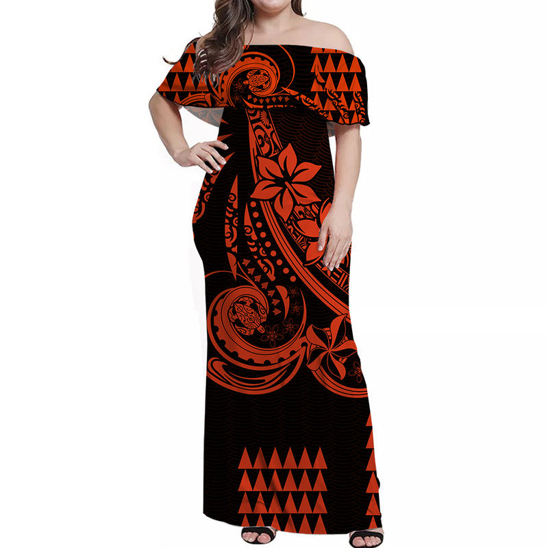 Kakau Hawaiian Polynesian Off Shoulder Long Dress Orange
