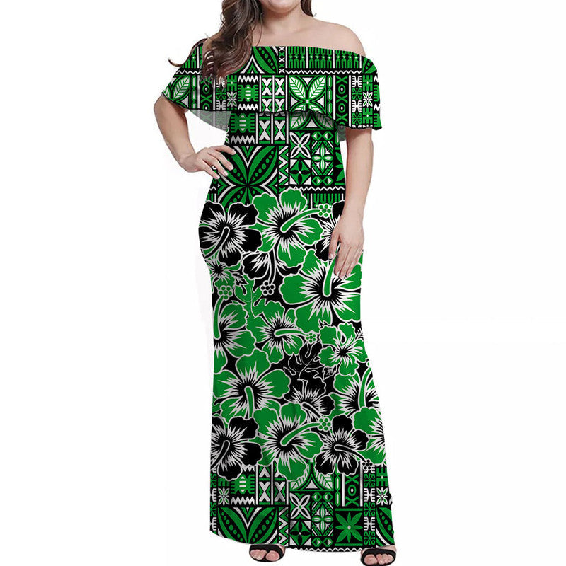 Fiji Hibiscus Festival Off Shoulder Long Dress Green