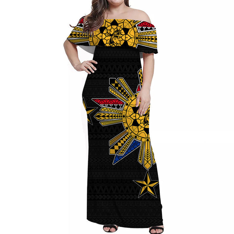 Filipino Off Shoulder Long Dress Tribal Black Style
