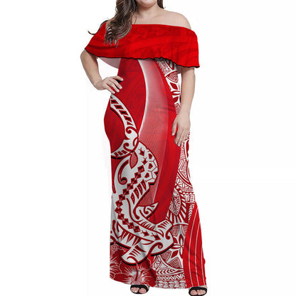 Hawaiian Shark Polynesian Off Shoulder Long Dress Vibe Red Style