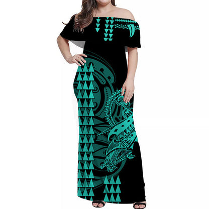 Hawaii Polynesian Warrior Kakau Off Shoulder Long Dress Green