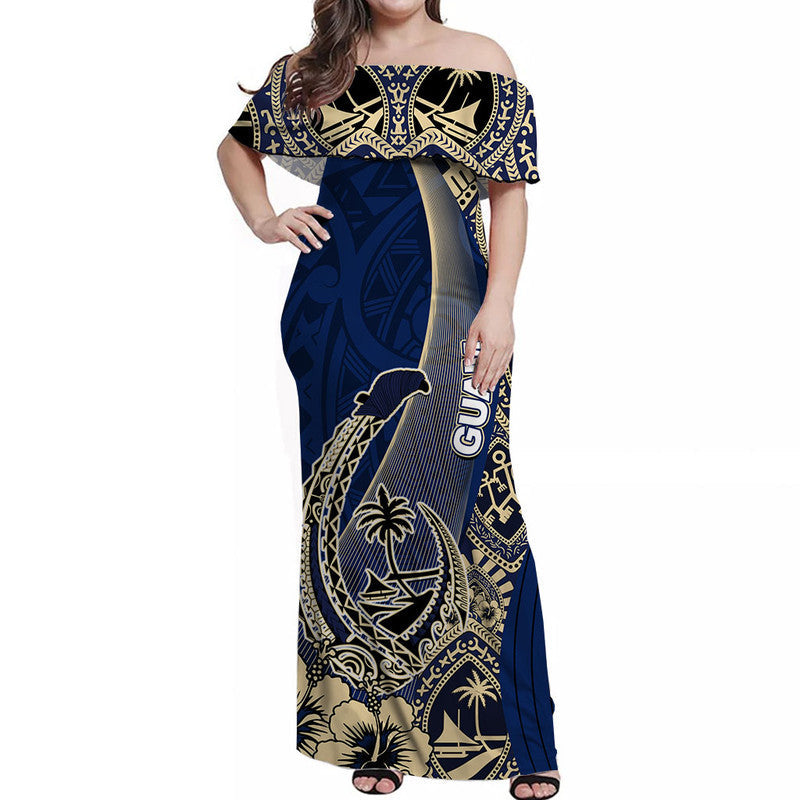Guam Fish Hook Off Shoulder Long Dress Blue Style
