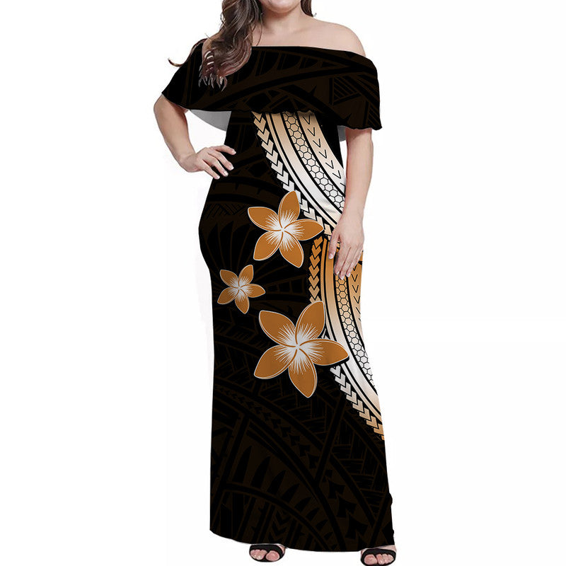 Polynesian Off Shoulder Long Dress With Plumeria Flower Gold