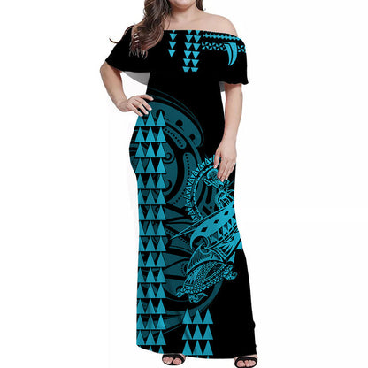 Hawaii Polynesian Warrior Kakau Off Shoulder Long Dress Blue