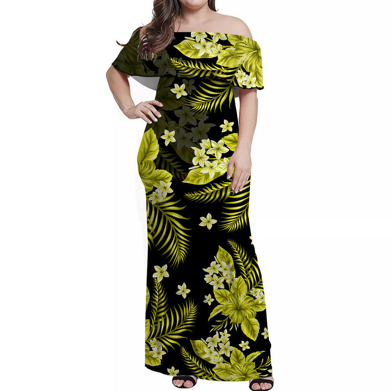 Hawaii Summer Colorful Off Shoulder Long Dress Yellow