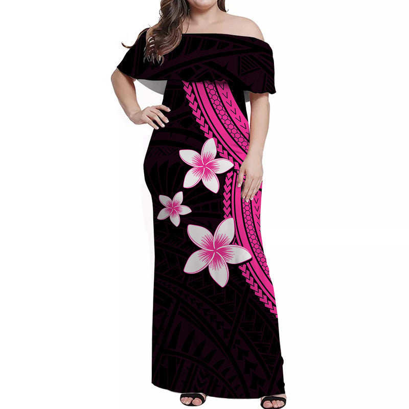 Polynesian Off Shoulder Long Dress With Plumeria Flower Pink