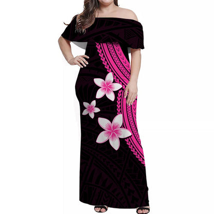 Polynesian Off Shoulder Long Dress With Plumeria Flower Pink