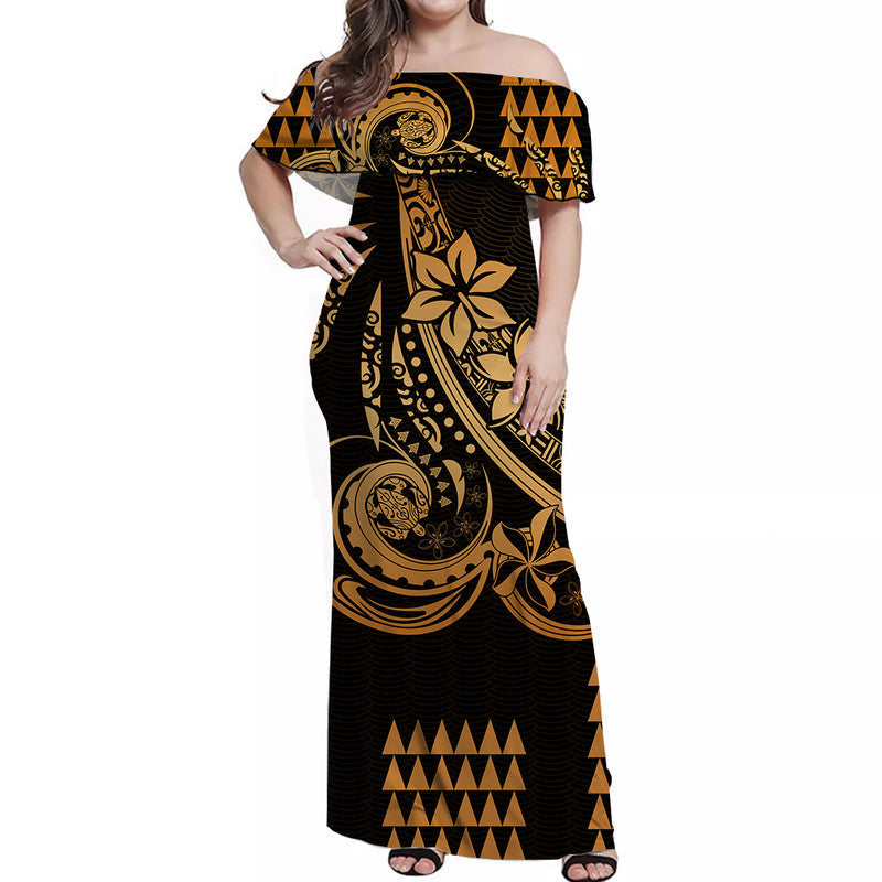 Kakau Hawaiian Polynesian Off Shoulder Long Dress Gold