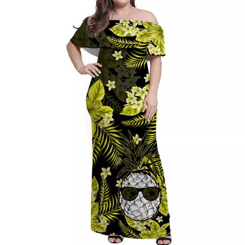 Hawaii Summer Colorful Off Shoulder Long Dress Pineapple Yellow