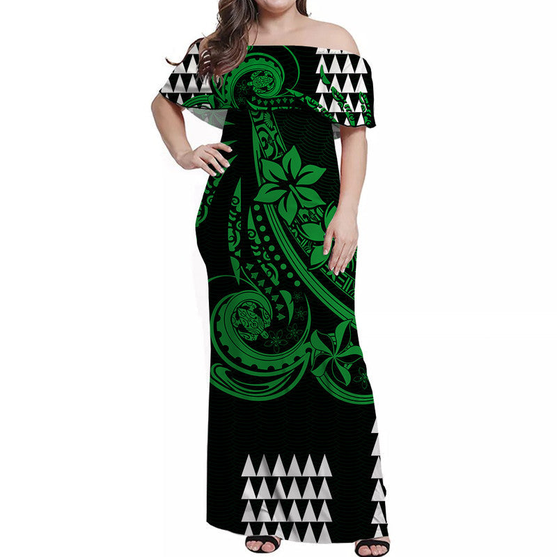 Kakau Hawaiian Polynesian Off Shoulder Long Dress Green