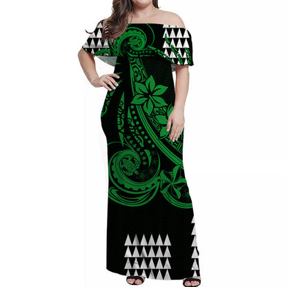 Kakau Hawaiian Polynesian Off Shoulder Long Dress Green