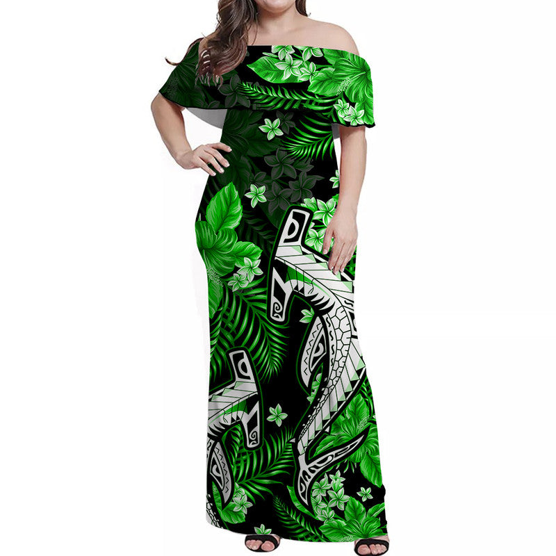 Hawaii Summer Colorful Off Shoulder Long Dress Shark Green