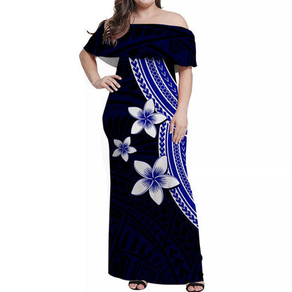 Polynesian Off Shoulder Long Dress With Plumeria Flower Blue