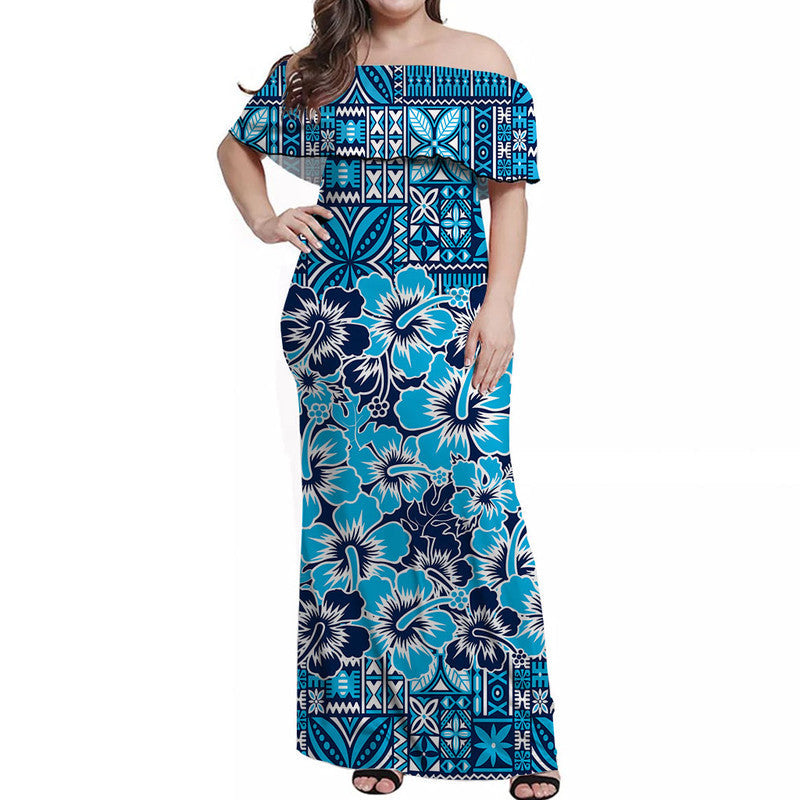 Fiji Hibiscus Festival Off Shoulder Long Dress Blue