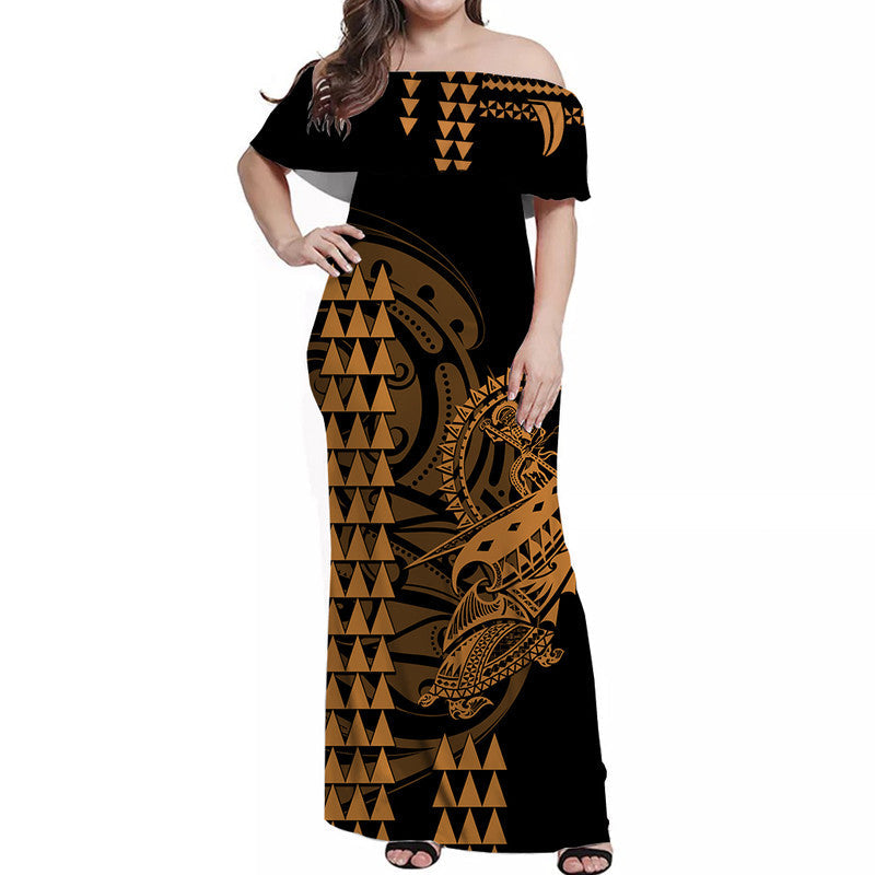 Hawaii Polynesian Warrior Kakau Off Shoulder Long Dress Gold